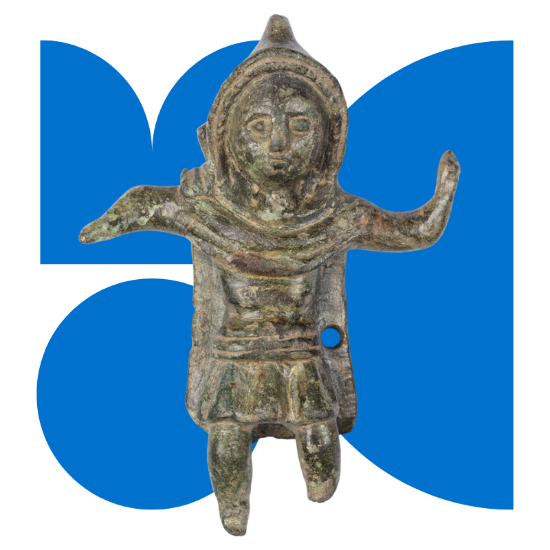 Stylized M O C letters with picture of small Roman figurine overlaid