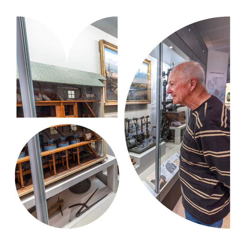 Museum of Chelmsford logo with a customer looking at items from the industrial collection