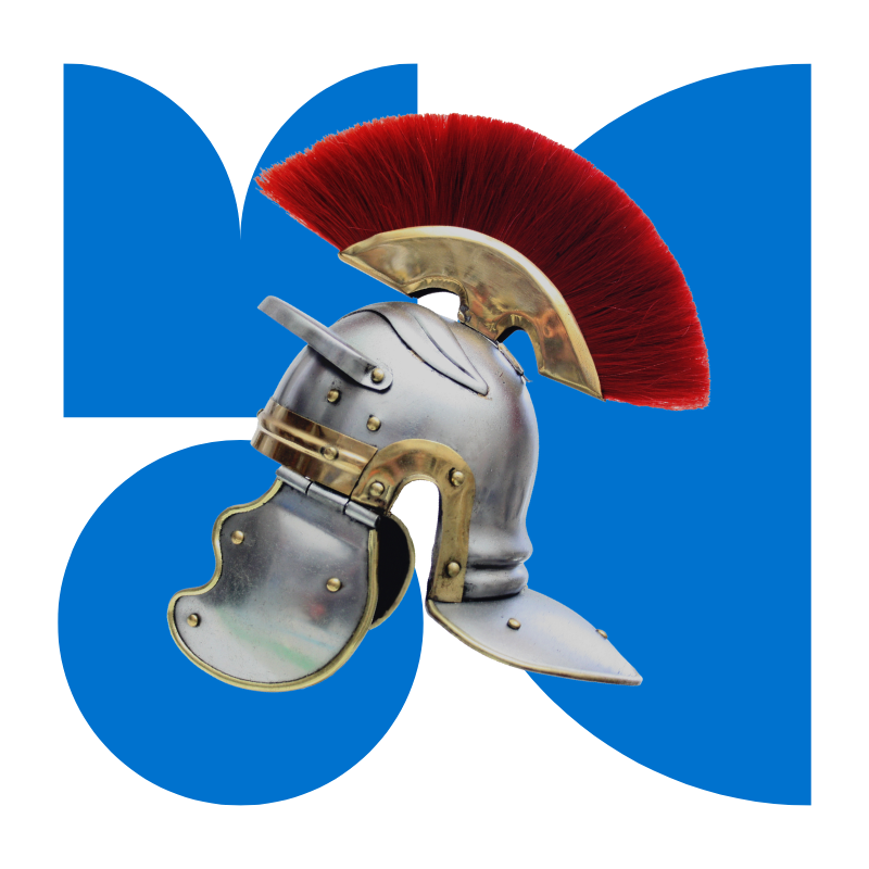 Stylized M O C letters with picture of Roman helmet overlaid