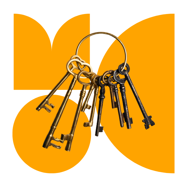 Stylized M O C letters with picture of bunch of keys overlaid
