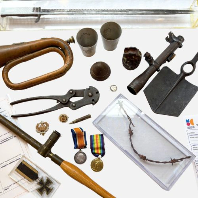 Collection of objects related to WWI including medals
