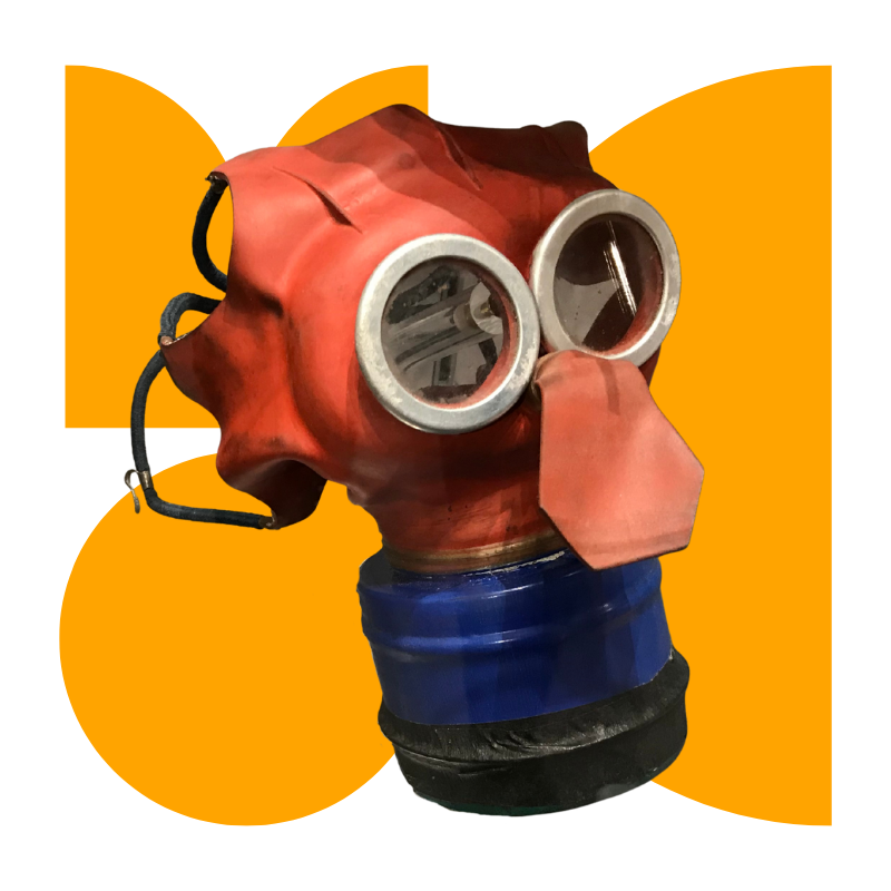 Stylized M O C letters with picture of gas mask overlaid