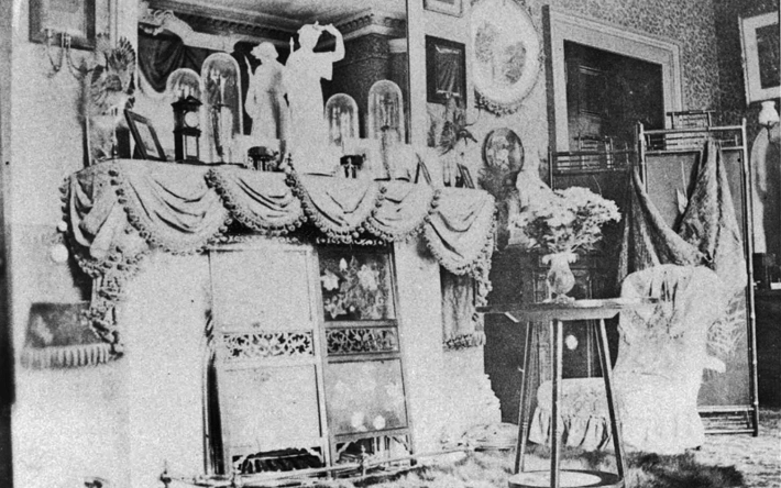 Black and white photo of drawing room at Oaklands House