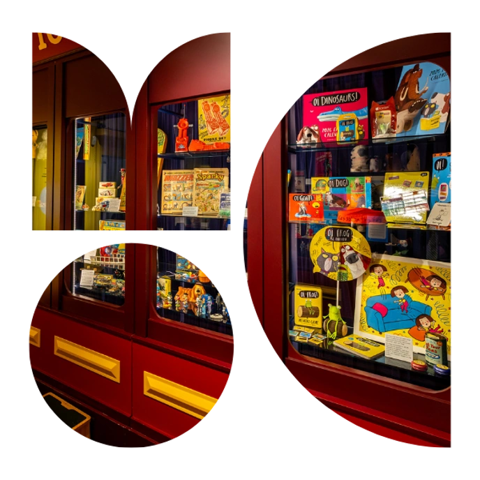 Stylized M O C letters filled with toys from the Museum's collection