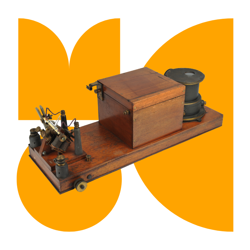 Stylized M O C letters with picture of Marconi radio equipment overlaid