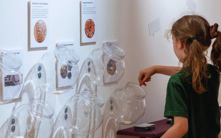 A young child puts a plastic coin in a jar to vote for her favourite museum treasure