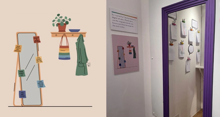 Artwork showing full length mirror with sticky notes around the edges in different colours, with shelf/coat rack on the wall with rainbow tote bag and green jacket hanging off it and houseplant on top