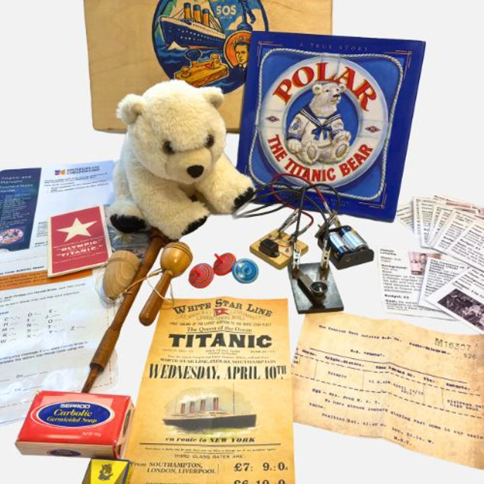 Collection of vintage leaflets and other objects relating to the Titanic