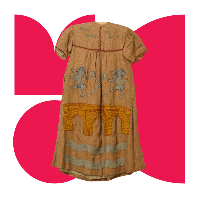 The museum logo in pink with a Victorian child's dress